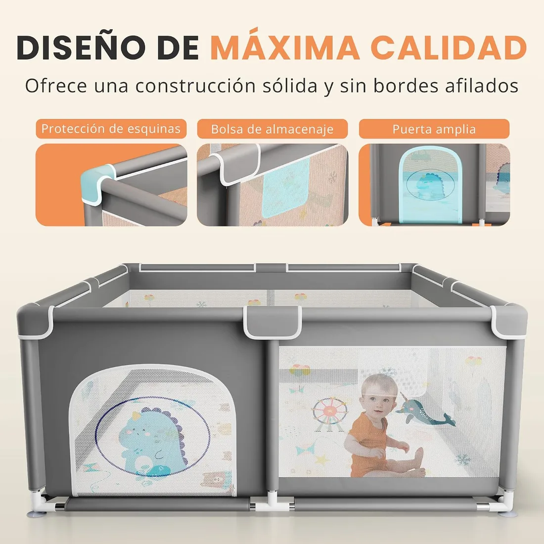 JUPPLIES Parque Infantil Bebe 150x180cm + Alfombra Bebe + Agarraderas + Canasta – Corralito Bebe con Malla Transpirable – Parque de Juegos Bebe Plegable con Puerta Lateral – Playpen Bebe - Gris foto 3