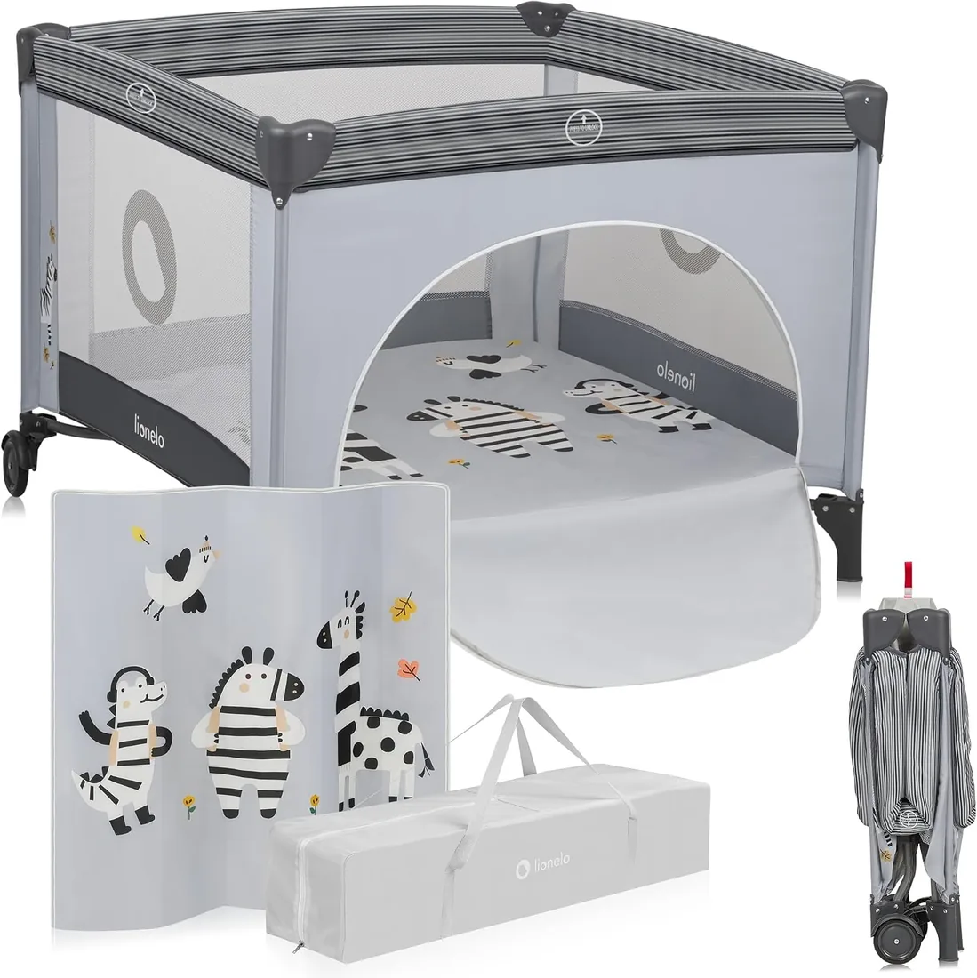 LIONELO BONNIE Parque Infantil Bebe hasta 15 kg, desde el Nacimiento hasta los 36 meses Acceso Lateral con Cremallera, Laterales de Malla Aireada, Plegado Rápido, Ruedas con Freno, Bolsa de Transporte