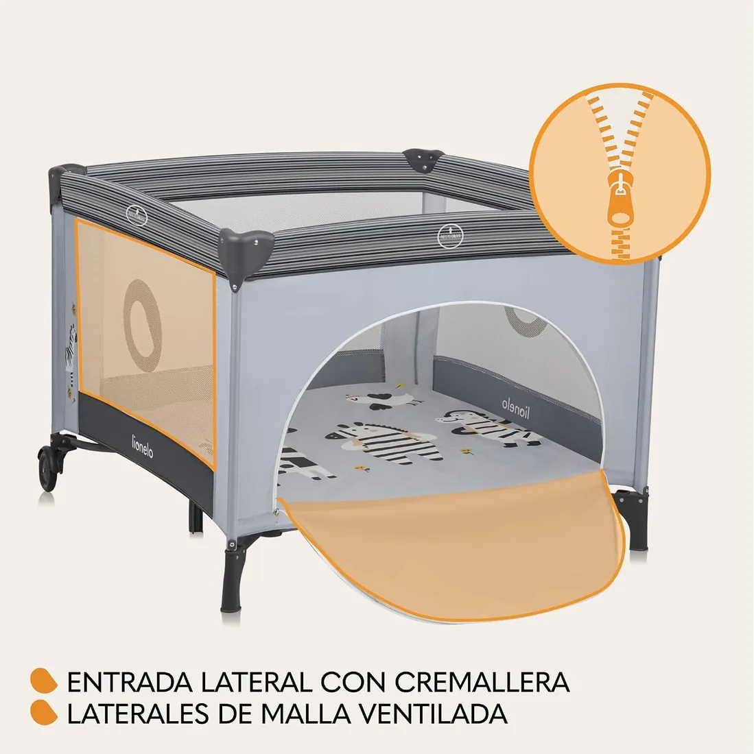 LIONELO BONNIE Parque Infantil Bebe hasta 15 kg, desde el Nacimiento hasta los 36 meses Acceso Lateral con Cremallera, Laterales de Malla Aireada, Plegado Rápido, Ruedas con Freno, Bolsa de Transporte foto 3