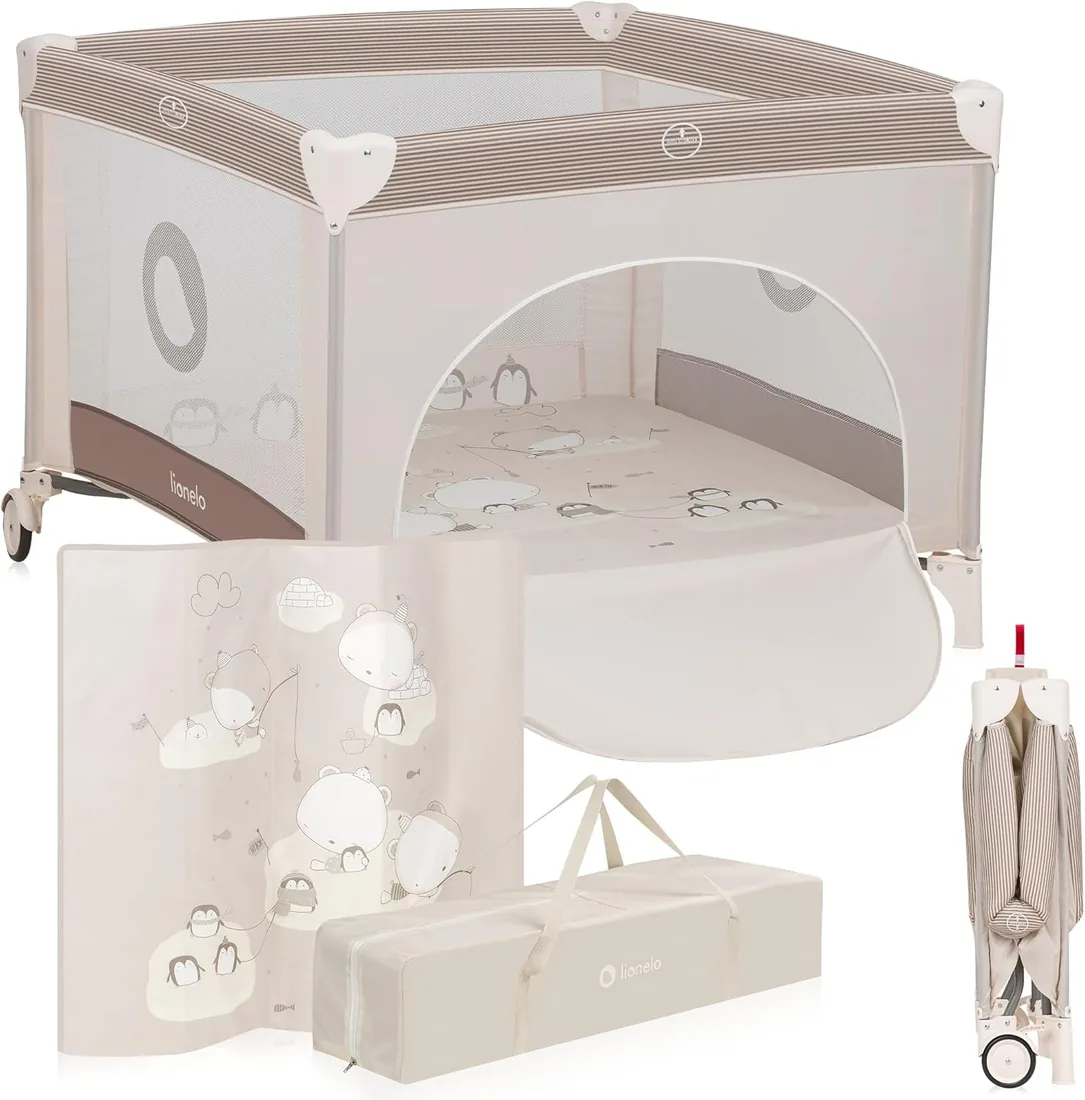 LIONELO BONNIE Parque Infantil Bebe hasta 15 kg, desde el Nacimiento hasta los 36 meses Acceso Lateral con Cremallera, Laterales de Malla Aireada, Plegado Rápido, Ruedas con Freno, Bolsa de Transporte