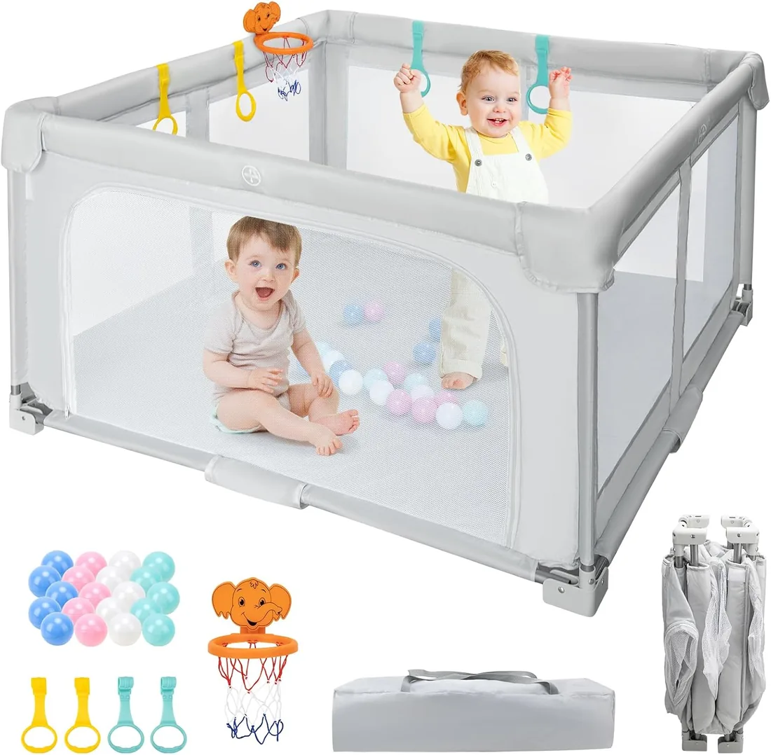 Parque Infantil Bebe Plegable: 127 * 127cm Corralito Bebe para Interior y Exterior - Parque Infantil con Bolsa de Viaje, 20 Pelotas y 4 Anillas