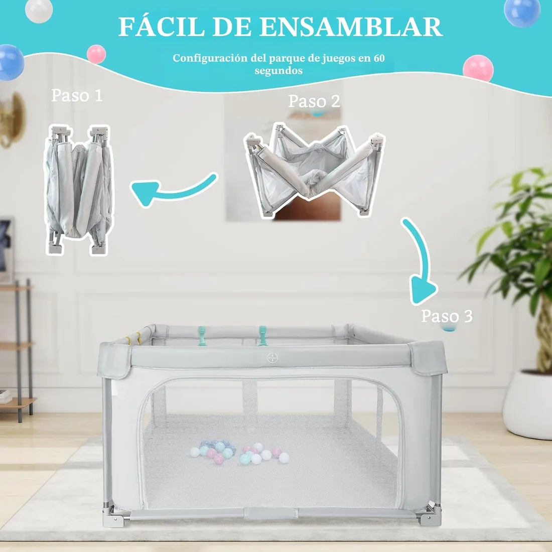 Parque Infantil Bebe Plegable: 127 * 127cm Corralito Bebe para Interior y Exterior - Parque Infantil con Bolsa de Viaje, 20 Pelotas y 4 Anillas foto 2