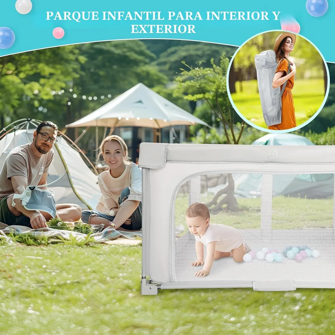 Parque Infantil Bebe Plegable: 127 * 127cm Corralito Bebe para Interior y Exterior - Parque Infantil con Bolsa de Viaje, 20 Pelotas y 4 Anillas foto 3