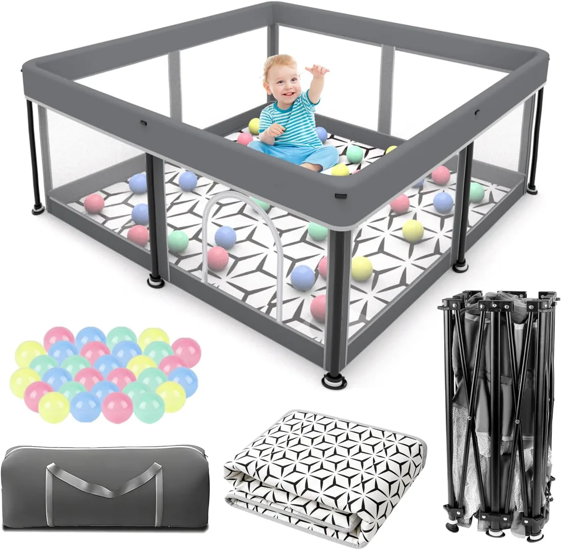 Parque infantil plegable para bebé con alfombrilla - 127x127CM - Parque, montaje rápido, seguro y portátil para interior y exterior (gris) foto 2