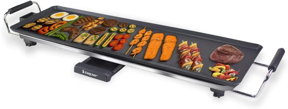 BEPER P101BBQ070 Parrilla Teppanyaki Eléctrica XL 70 x 23 cm, Revestimiento antiadherente con termostato ajustable, asas resistentes al calor, 2000 W, libre de BPA y PFOS