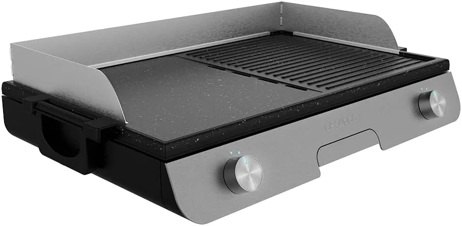 Cecotec Barbacoa Eléctrica de Sobremesa PerfectRoast 3000 Inox. 3000 W, Superficie de cocinado Mixta, Revestimiento Antiadherente Rockstone, Termostato regulable, Bandeja recogegrasas