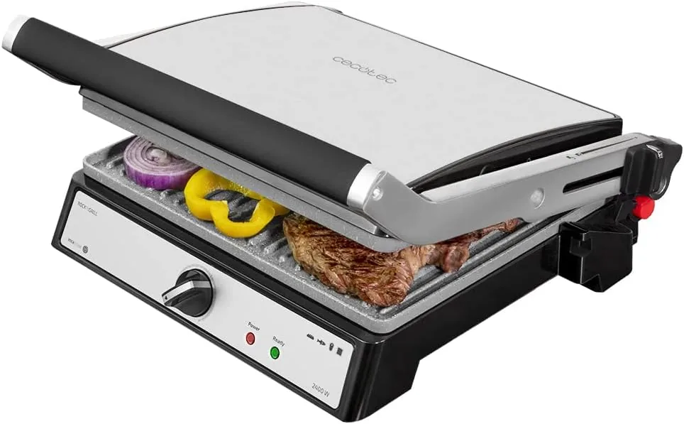 Cecotec Parrilla Eléctrica Rock?nGrill 2400 UltraRapid de 2400W de Potencia, Revestimiento de Piedra RockStone, Apertura de 180º y Placa Superior Flotante.