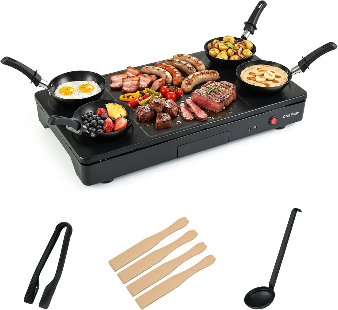COSTWAY Parrilla Raclette 4 Personas, 1000 W, 4 Woks Antiadherentes | Plancha Eléctrica de Sobremesa, 4 Espátulas, Pinzas, Cucharón y Bandeja Recogegrasa Extraíble, 52 x 28 x 8 cm