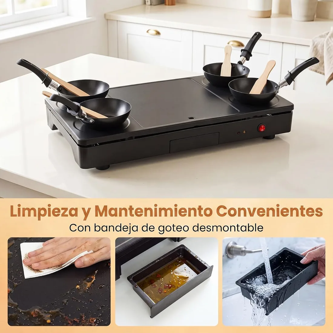 COSTWAY Parrilla Raclette 4 Personas, 1000 W, 4 Woks Antiadherentes | Plancha Eléctrica de Sobremesa, 4 Espátulas, Pinzas, Cucharón y Bandeja Recogegrasa Extraíble, 52 x 28 x 8 cm foto 2