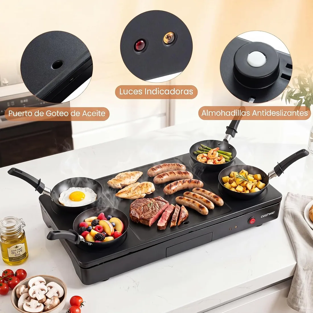 COSTWAY Parrilla Raclette 4 Personas, 1000 W, 4 Woks Antiadherentes | Plancha Eléctrica de Sobremesa, 4 Espátulas, Pinzas, Cucharón y Bandeja Recogegrasa Extraíble, 52 x 28 x 8 cm foto 3