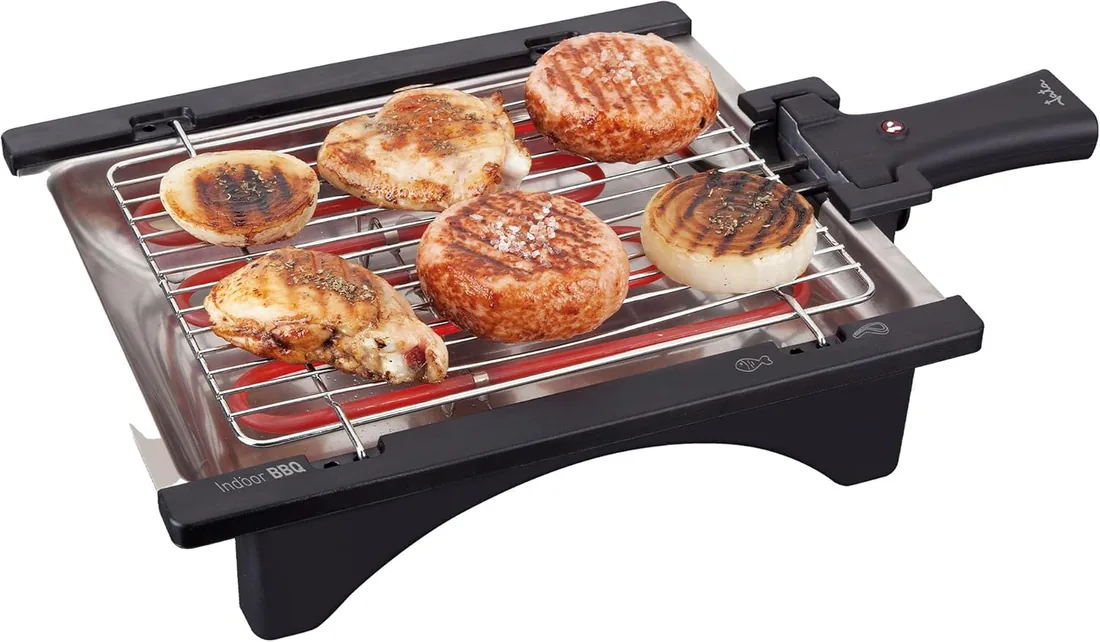 JATA BQ95 - Barbacoa Eléctrica 2000 W sin Humo con Parrilla Ajustable 2 Alturas, Bandeja de Agua Antihumos, Grill Desmontable Fácil Limpieza, Superficie 28x22 cm foto 3