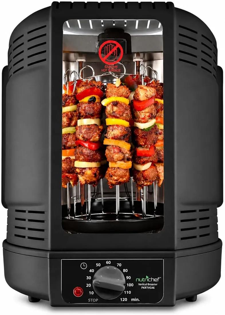 NutriChef horno giratorio vertical de sobremesa, Parrilla eléctrica rotativa 700 W para pollo, Kebab y shawarma, Con torre para carne y broschetas, Bandeja antigoteo