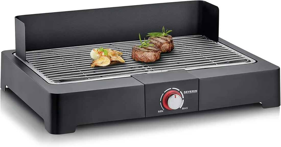 Severin Barbacoa de mesa con parrilla de acero inoxidable para interior y exterior, parrilla eléctrica con arranque rápido, mini barbacoa sin riesgo de quemaduras, negro, PG 8565 foto 2