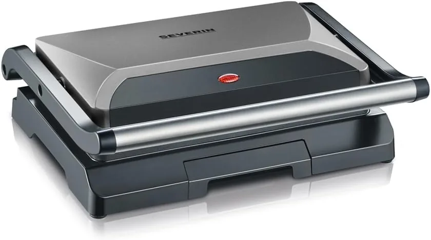 SEVERIN - Parrilla eléctrica y grill de contacto sobremesa, plancha sandwichera antiadherente, parrilla de mesa con bandeja recogegrasas para fácil limpieza, 22.5x27x8.5 cm, metalizado, 800 W, KG 2394