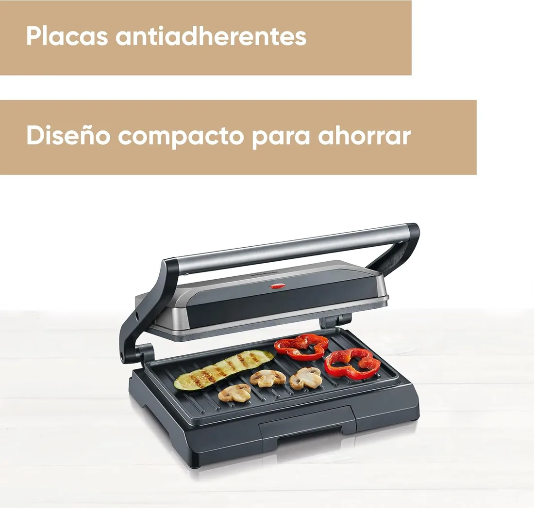 SEVERIN - Parrilla eléctrica y grill de contacto sobremesa, plancha sandwichera antiadherente, parrilla de mesa con bandeja recogegrasas para fácil limpieza, 22.5x27x8.5 cm, metalizado, 800 W, KG 2394 foto 2