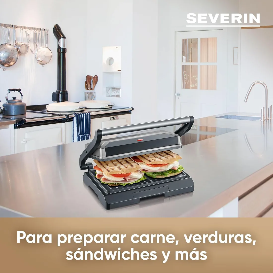 SEVERIN - Parrilla eléctrica y grill de contacto sobremesa, plancha sandwichera antiadherente, parrilla de mesa con bandeja recogegrasas para fácil limpieza, 22.5x27x8.5 cm, metalizado, 800 W, KG 2394 foto 3