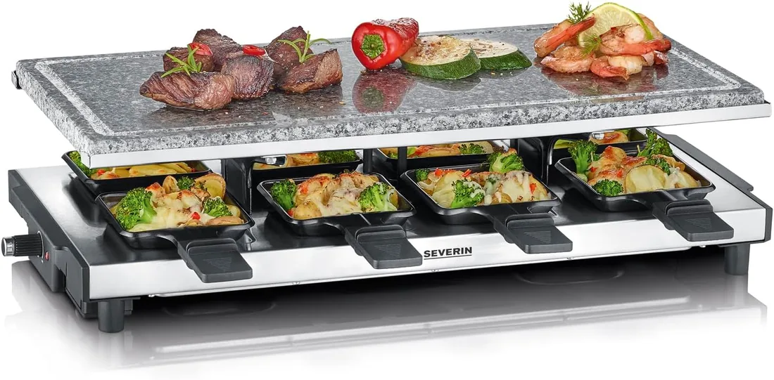 SEVERIN Raclette-Grill con piedra natural, parrilla eléctrica de sobremesa, raclette para 8 personas con placa de parrilla grill y 8 sartenes, plástico/acero inoxidable, negro, RG 2374