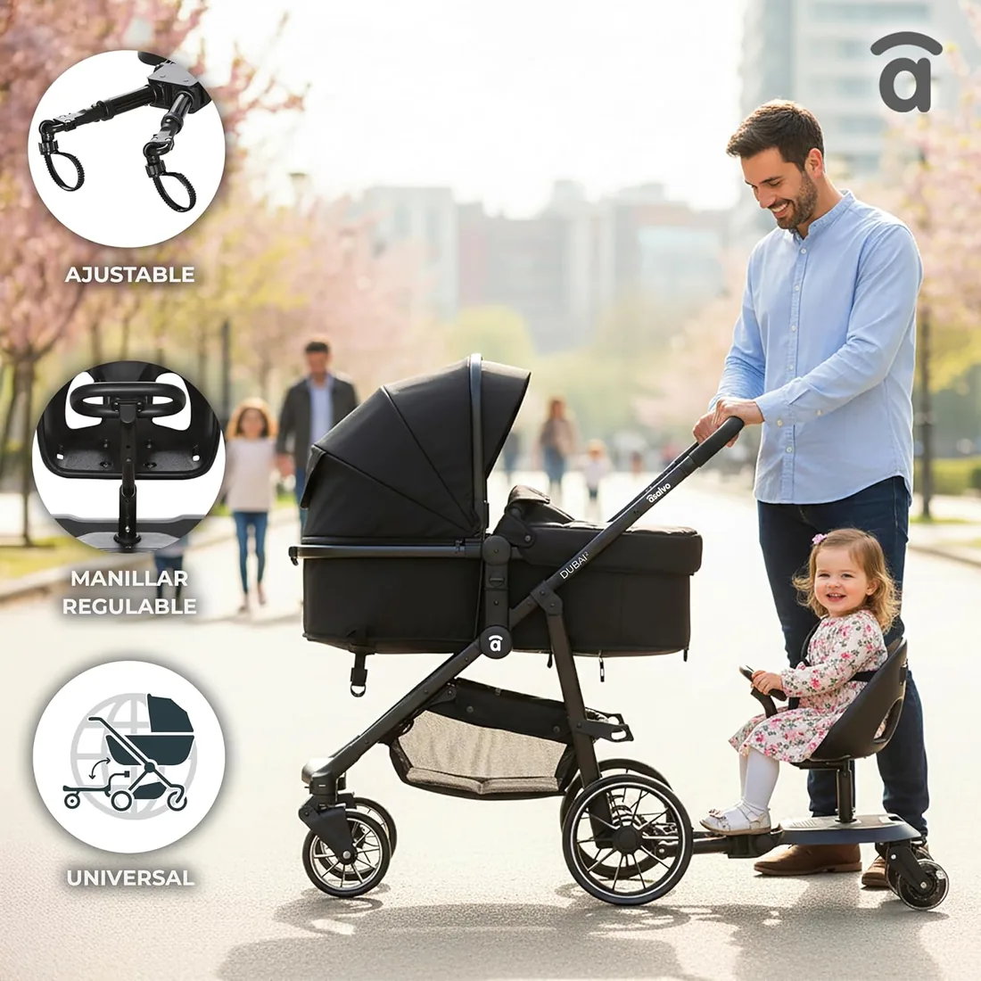 Asalvo Patinete Carro Bebe Universal GO SEAT. Patinete Carro Bebe 2 en 1. Patin Universal para Niños 1-5 Años hasta 15 kg. Patín con Asiento Desmontable, Volante y Ruedas con Luz. Negro foto 2