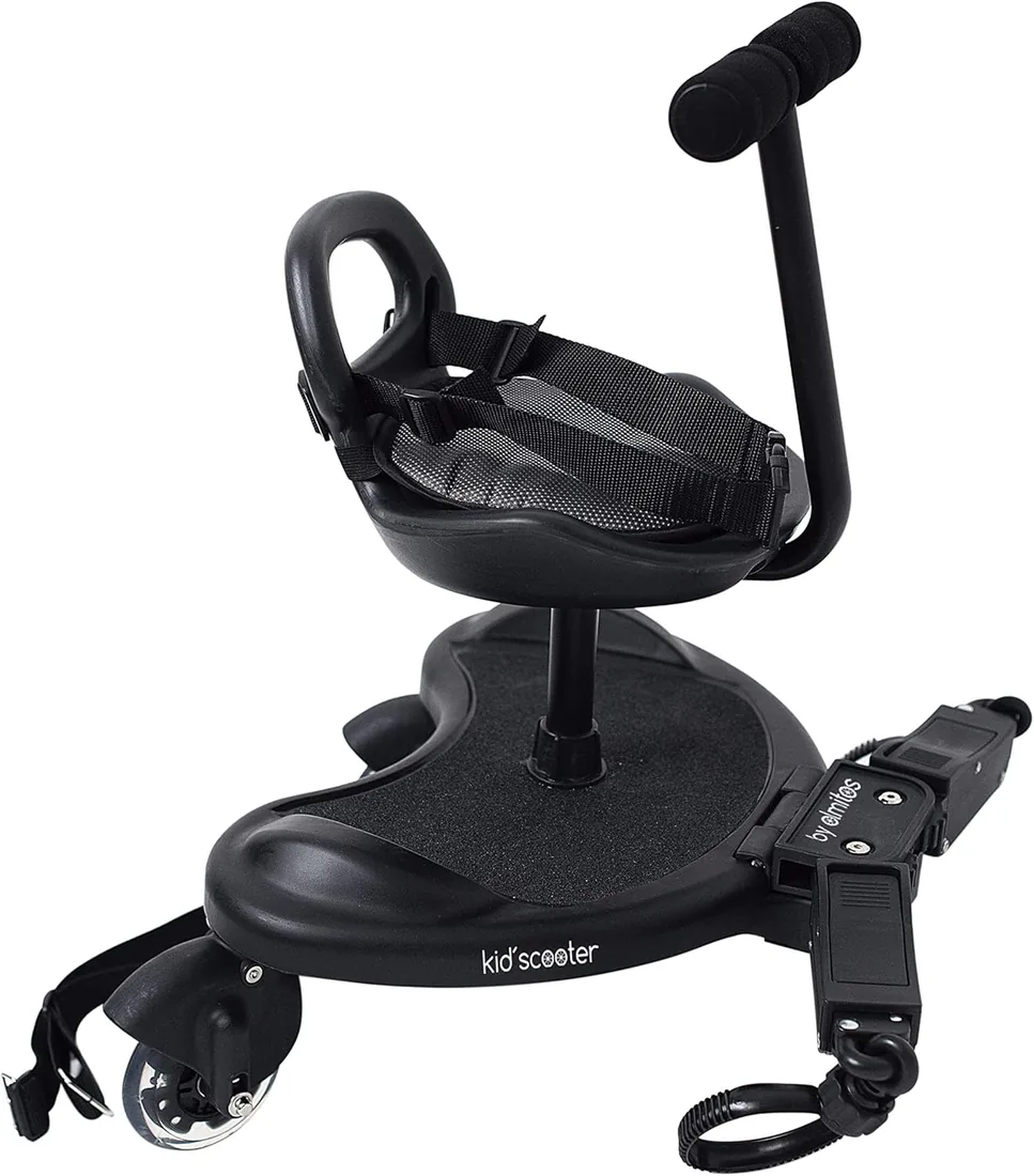 Olmitos - Patinete y Asiento Universal para Carrito de Bebé Negro - Plataforma Adaptable para Silla de Paseo - Fácil de montar - Incluye almohada acolchada y superficie antideslizante