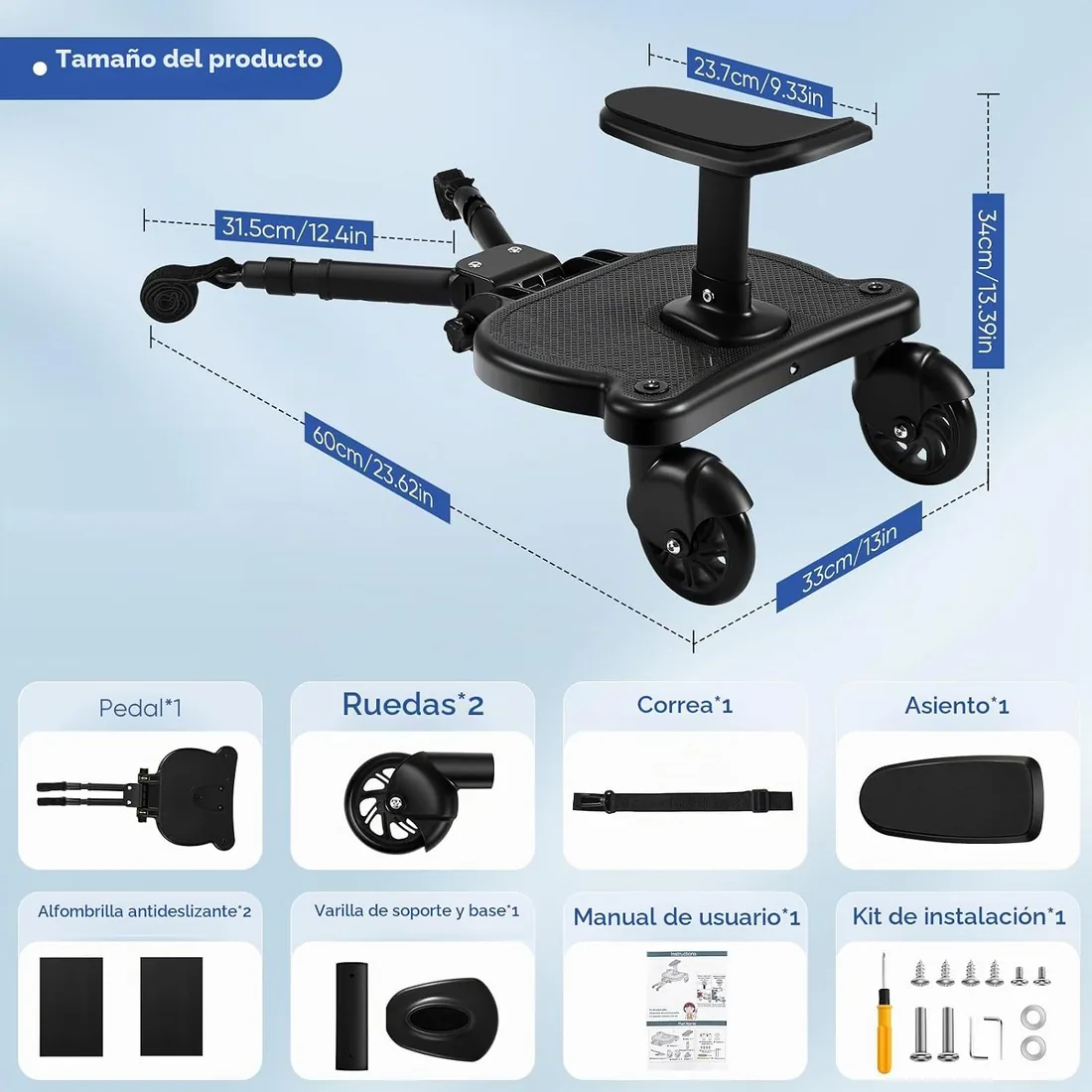 Patinete Carrito Universal con Asiento, Tabla Regulable 25kg 2-6 Años | Compatible 95% carritos, largo/ancho/alto ajustables, ruedas 360°, antideslizante, 2-6 años, 25kg foto 2