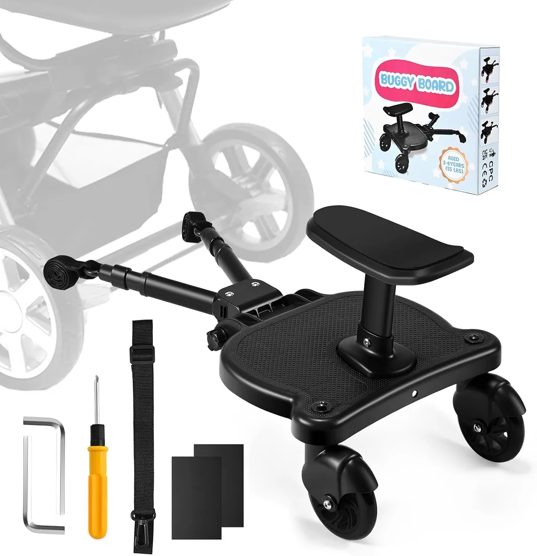 Patinete Carro Bebe Universal, Patin Carro Para Bebe Apto para el 99% de todos los cochecitos, Tabla para Cochecito, Accesorio para Niños de 2 a 6 Años 25 kg, Negro