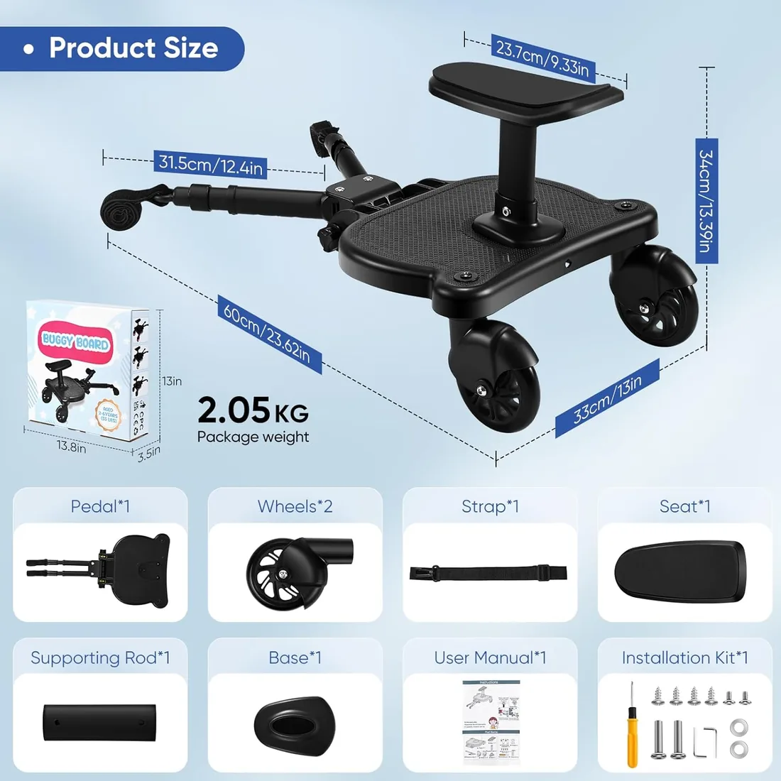 Patinete Carro Bebe Universal, Patin Carro Para Bebe Apto para el 99% de todos los cochecitos, Tabla para Cochecito, Accesorio para Niños de 2 a 6 Años 25 kg, Negro foto 2