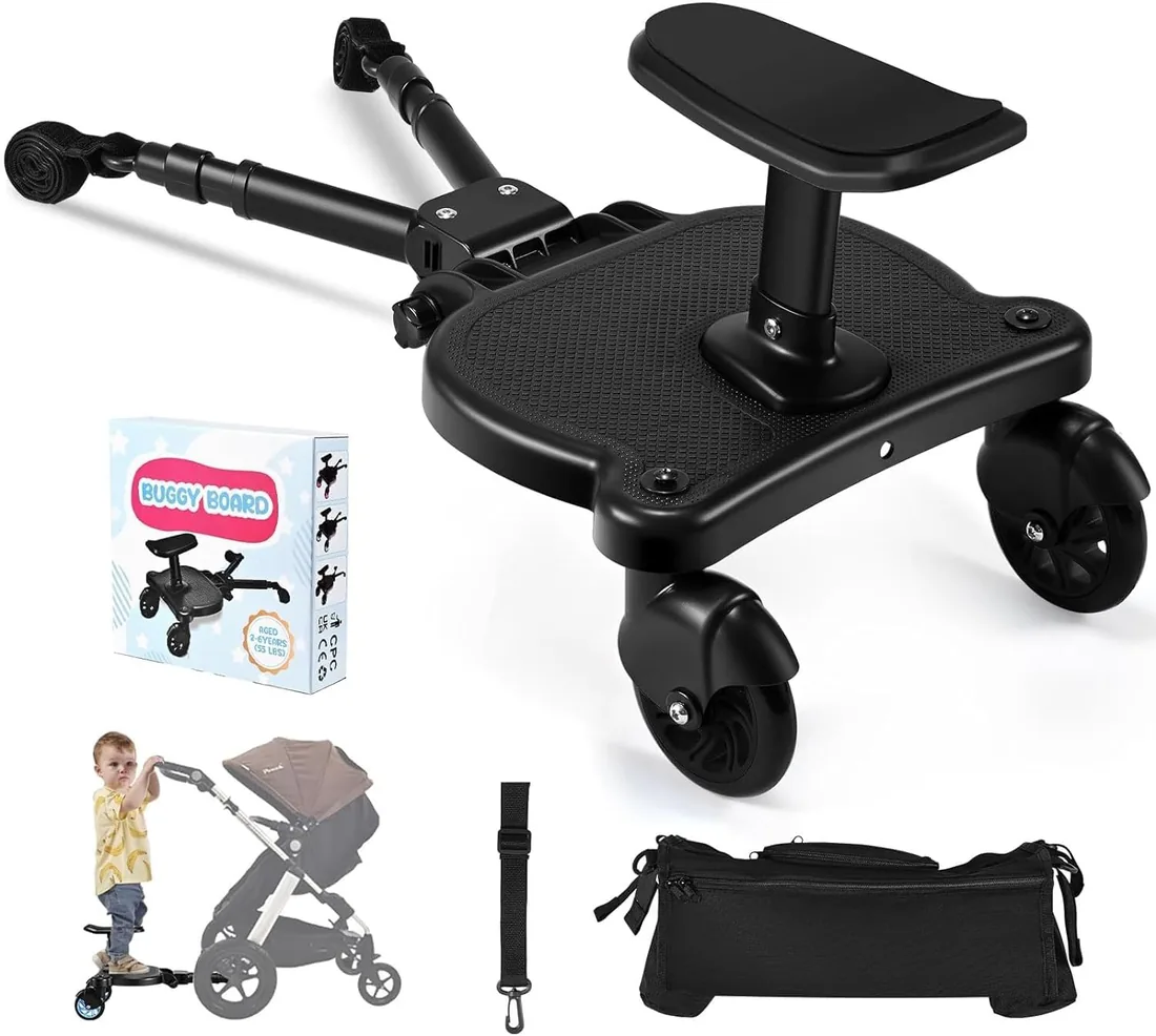 Patinete Carro Bebe Universal, Tabla para Cochecito con Asiento, Buggy Board con Bolsa de Almacenamiento, Accesorio para Cochecito para Niños de 2 a 6 Nños (25KG)