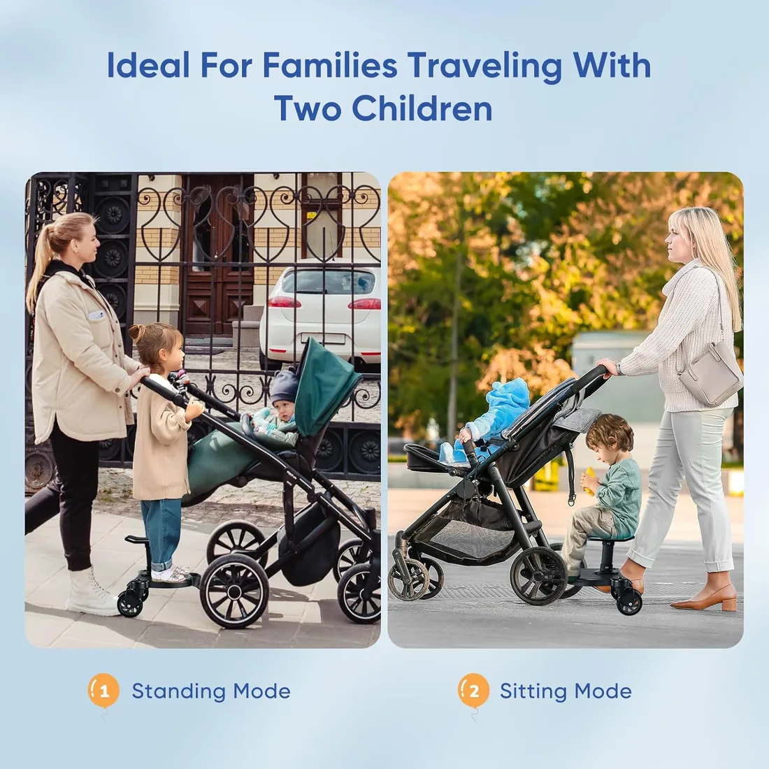 Patinete Carro Bebe Universal, Tabla para Cochecito con Asiento, Buggy Board con Bolsa de Almacenamiento, Accesorio para Cochecito para Niños de 2 a 6 Nños (25KG) foto 2