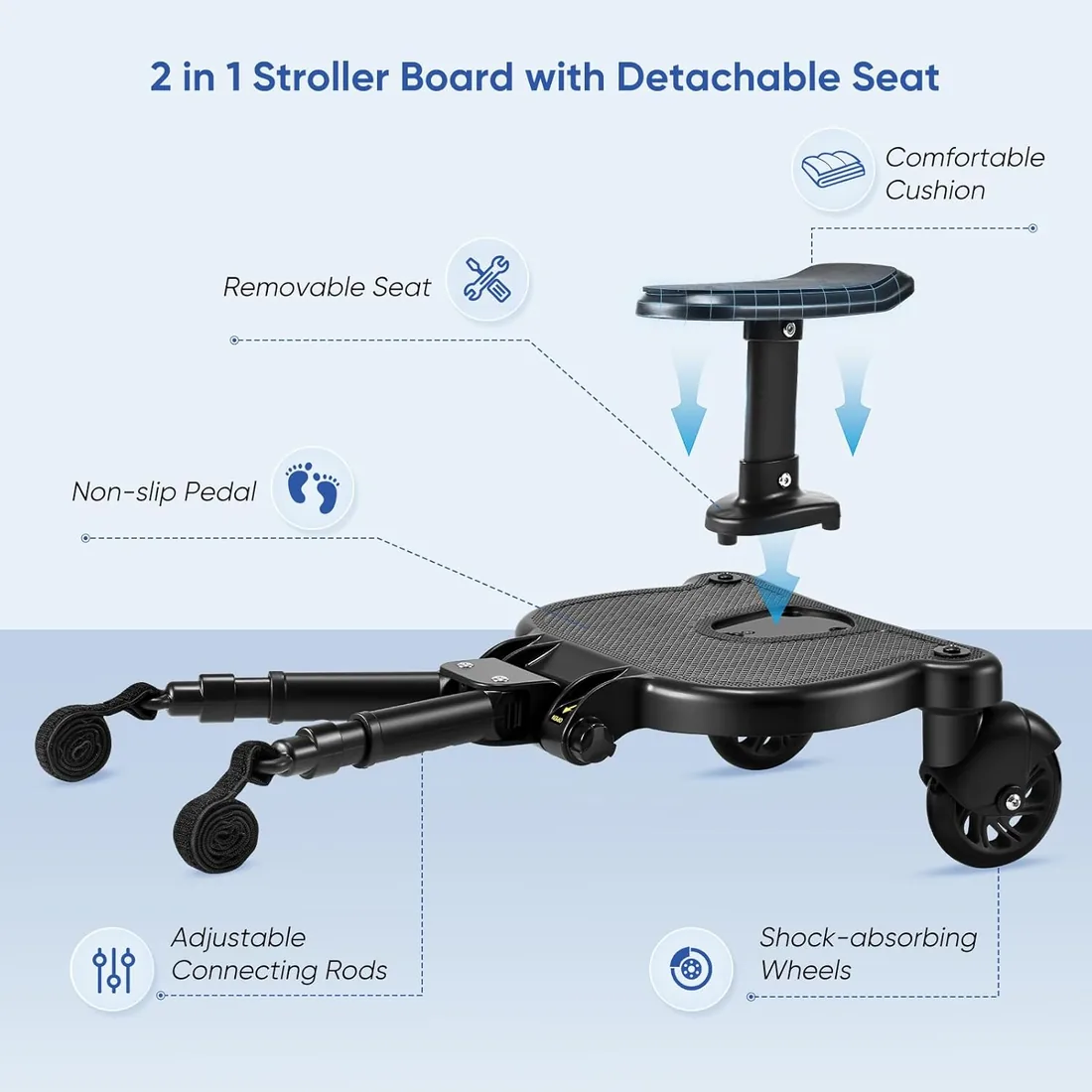 Patinete Carro Bebe Universal, Tabla para Cochecito con Asiento, Buggy Board con Bolsa de Almacenamiento, Accesorio para Cochecito para Niños de 2 a 6 Nños (25KG) foto 3