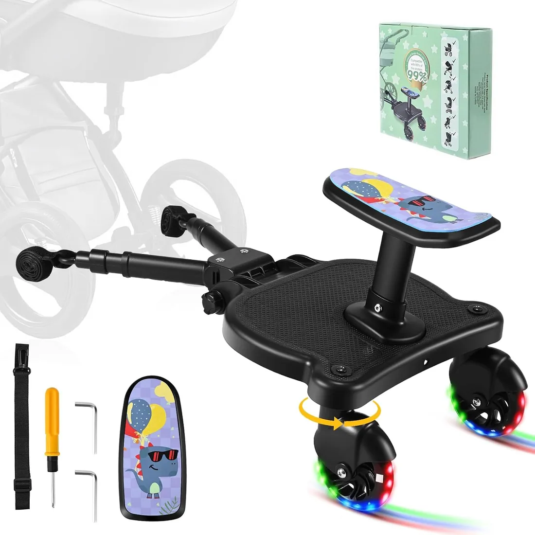 Patinete Carro Bebe Universal, Tabla para Cochecito con Asiento Estampado, Buggy Board con Ruedas Intermitentes, Compatible con Más del 99% de Los Cochecitos, Cargar 25KG