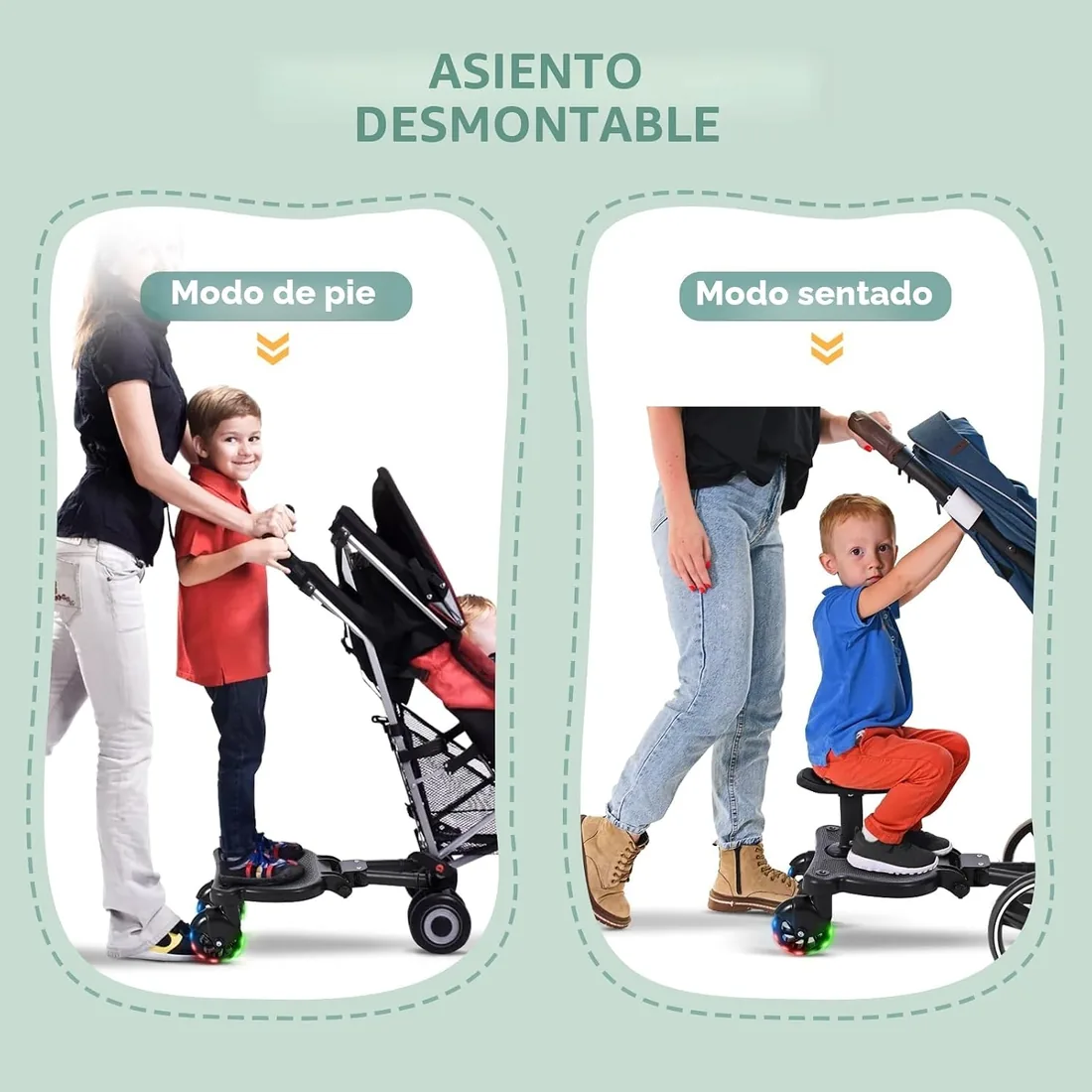 Patinete Carro Bebe Universal, Tabla para Cochecito con Asiento Estampado, Buggy Board con Ruedas Intermitentes, Compatible con Más del 99% de Los Cochecitos, Cargar 25KG foto 2