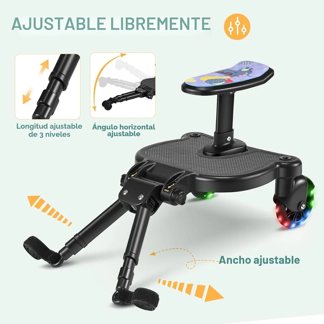 Patinete Carro Bebe Universal, Tabla para Cochecito con Asiento Estampado, Buggy Board con Ruedas Intermitentes, Compatible con Más del 99% de Los Cochecitos, Cargar 25KG foto 3
