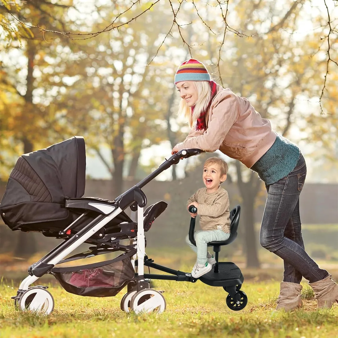 Patinete Carro Bebe Universal, Vihir Buggy Board con Asiento | Accesorio para Cochecito, Para Niños de 2 a 6 Nños, Con Reposabrazos Respaldo y Correa de Suspensión, Desmontaje con un clic foto 2