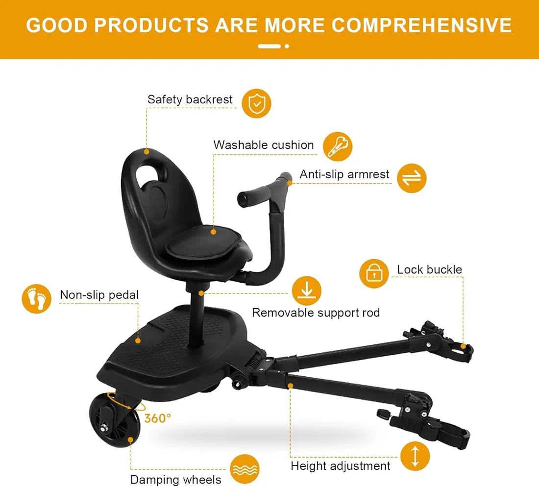 Patinete Carro Bebe Universal, Vihir Buggy Board con Asiento | Accesorio para Cochecito, Para Niños de 2 a 6 Nños, Con Reposabrazos Respaldo y Correa de Suspensión, Desmontaje con un clic foto 3
