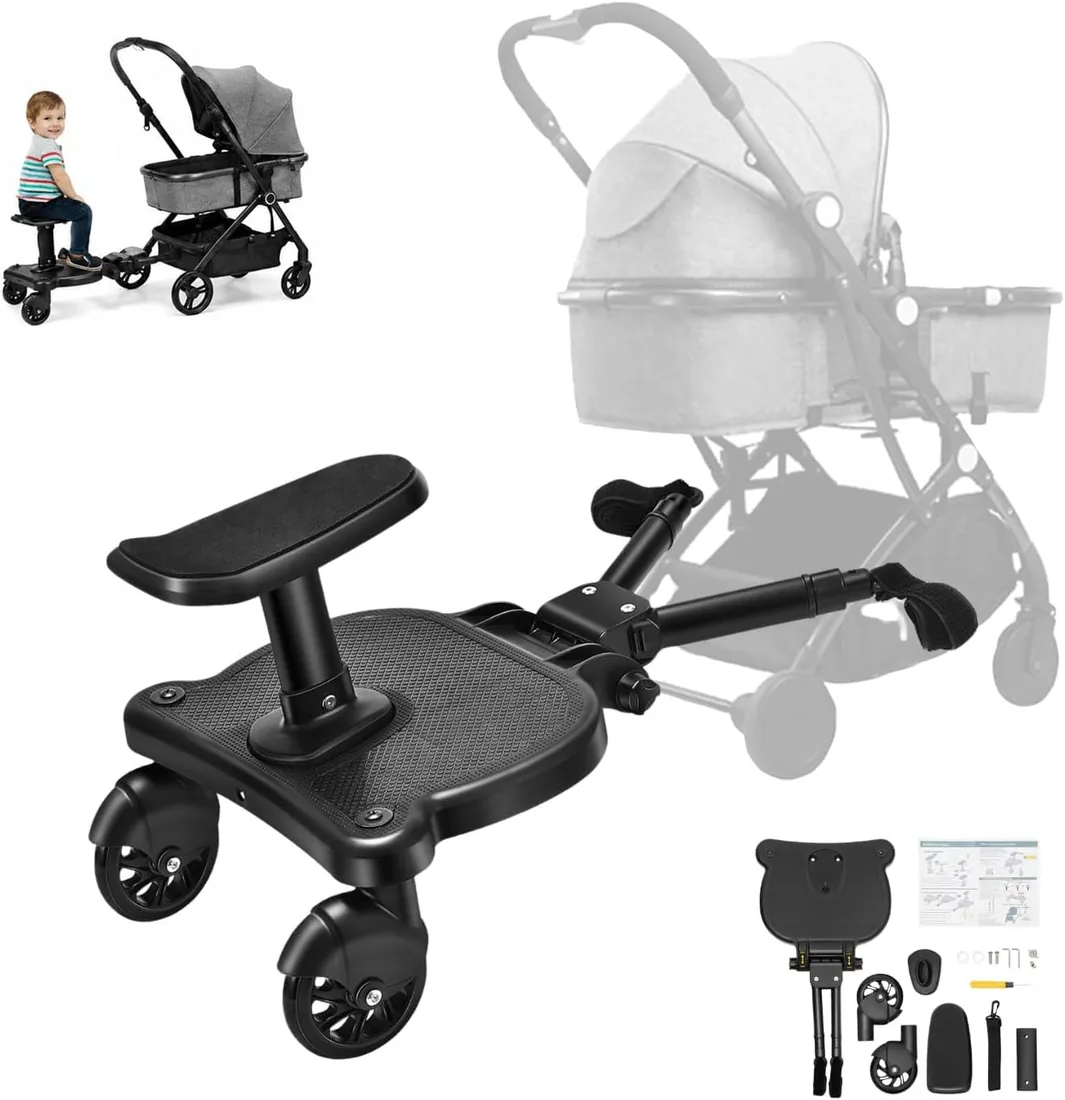 Silla Bebe, Patinete Carro Bebe Universal, Accesorios Bebe, 25kg Carga, Tabla 33x24,5cm, Longitud Ajustable 54-58,5cm, Con Asiento, Patin Carro Bebe Universal para 3-7 Años (Negro)
