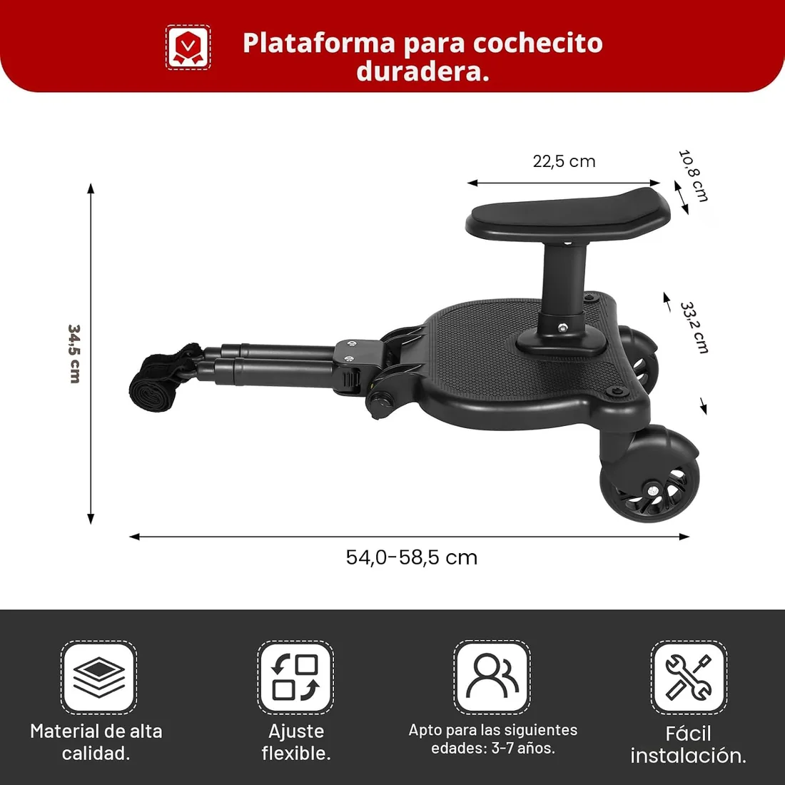Silla Bebe, Patinete Carro Bebe Universal, Accesorios Bebe, 25kg Carga, Tabla 33x24,5cm, Longitud Ajustable 54-58,5cm, Con Asiento, Patin Carro Bebe Universal para 3-7 Años (Negro) foto 2