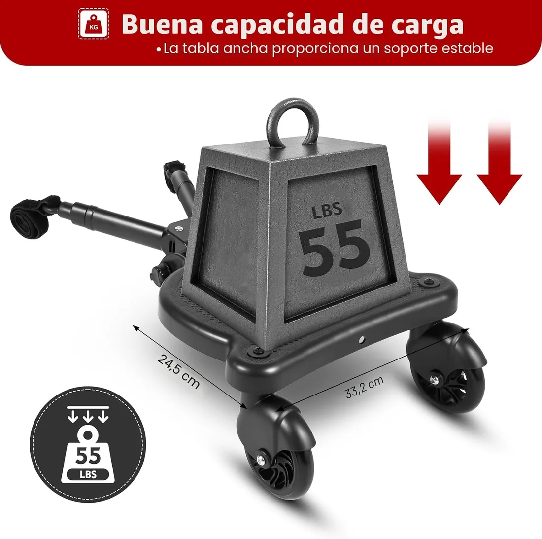 Silla Bebe, Patinete Carro Bebe Universal, Accesorios Bebe, 25kg Carga, Tabla 33x24,5cm, Longitud Ajustable 54-58,5cm, Con Asiento, Patin Carro Bebe Universal para 3-7 Años (Negro) foto 3