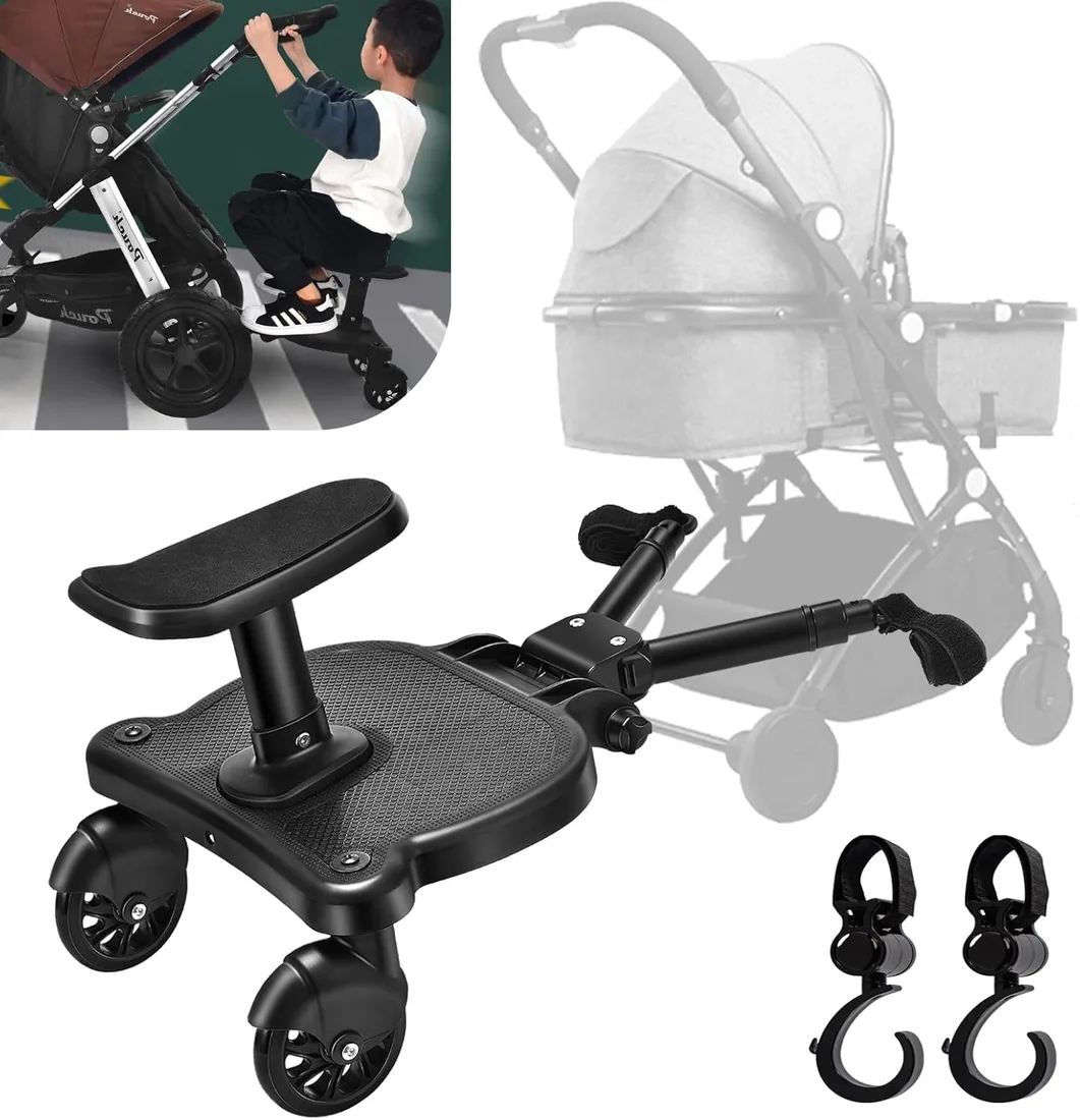 Tabla de cochecito con Asiento, Vihir Patin Carro Bebe Universal | Buggy Board Para el Segundo Niño, Accesorio Para Niños de 2 a 6 Nños (25 kg), Viene con 2 Ganchos para Cochecito