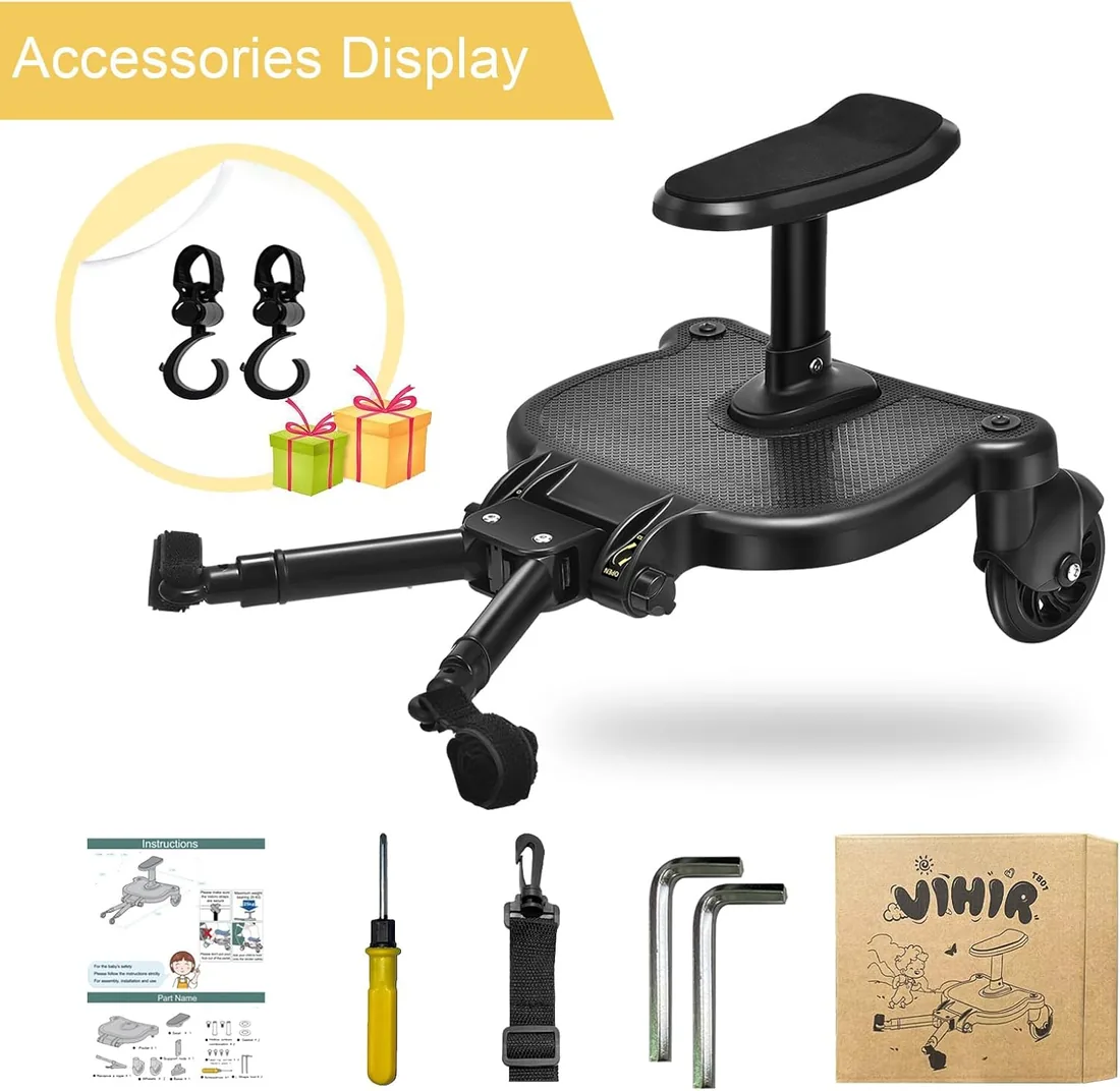 Tabla de cochecito con Asiento, Vihir Patin Carro Bebe Universal | Buggy Board Para el Segundo Niño, Accesorio Para Niños de 2 a 6 Nños (25 kg), Viene con 2 Ganchos para Cochecito foto 3