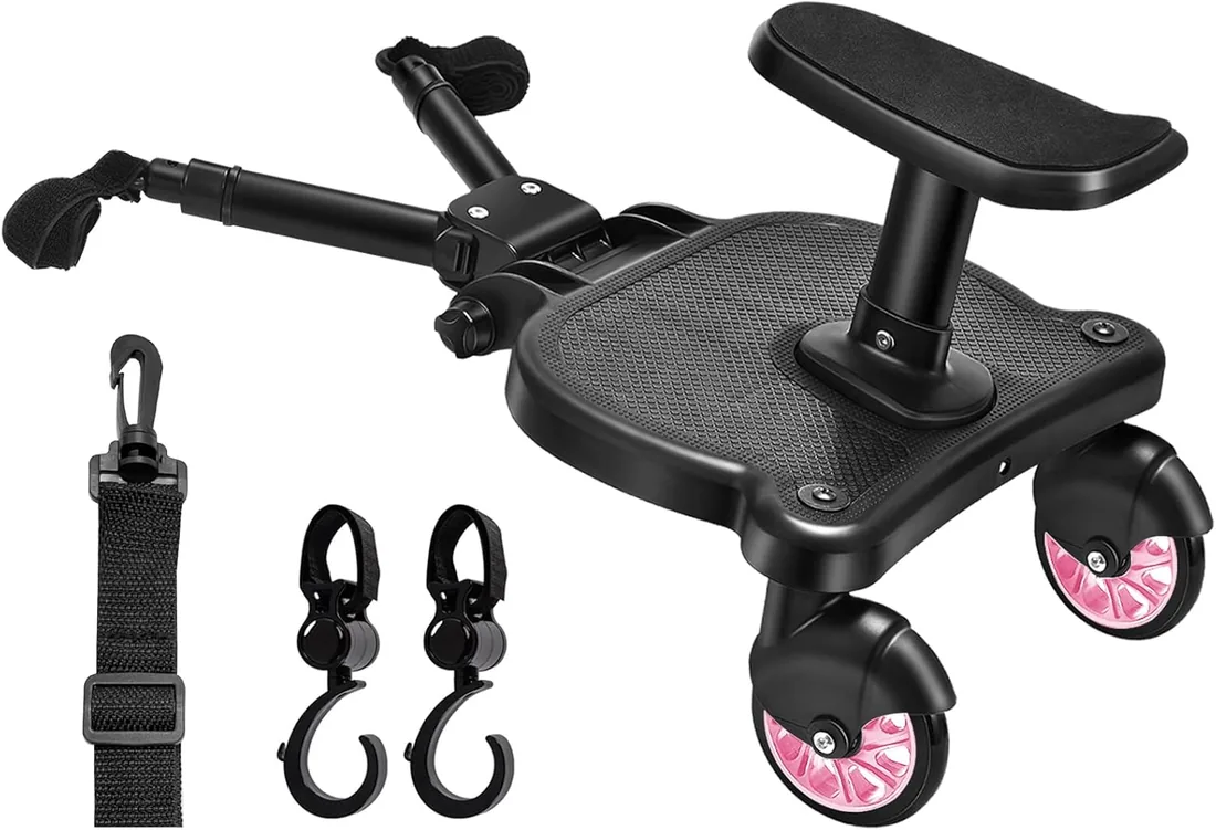 Tabla de cochecito con Asiento, Vihir Patin Carro Bebe Universal | Buggy Board Para el Segundo Niño, Accesorio Para Niños de 2 a 6 Nños (25 kg), Viene con 2 Ganchos para Cochecito