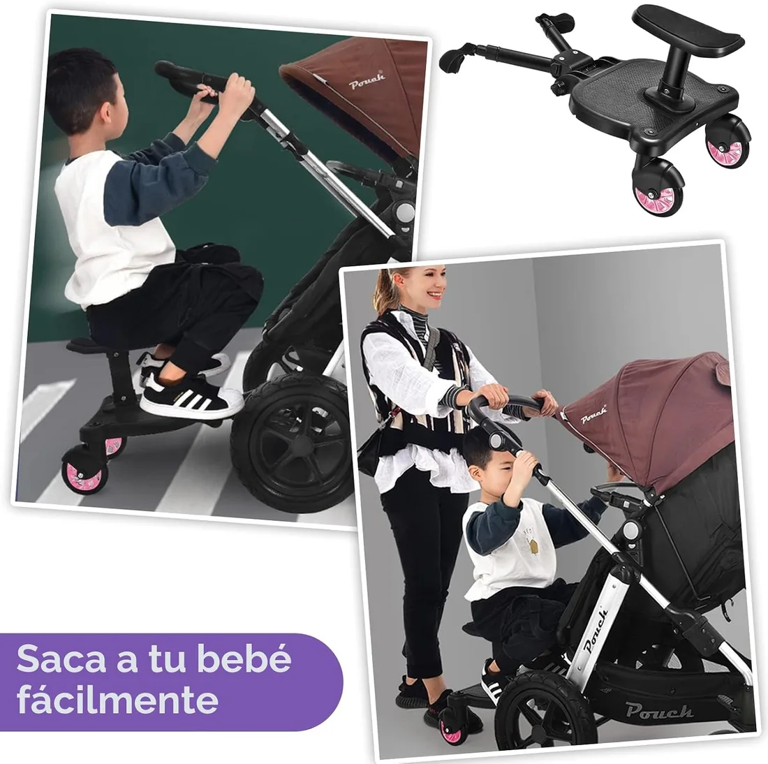 Tabla de cochecito con Asiento, Vihir Patin Carro Bebe Universal | Buggy Board Para el Segundo Niño, Accesorio Para Niños de 2 a 6 Nños (25 kg), Viene con 2 Ganchos para Cochecito foto 2