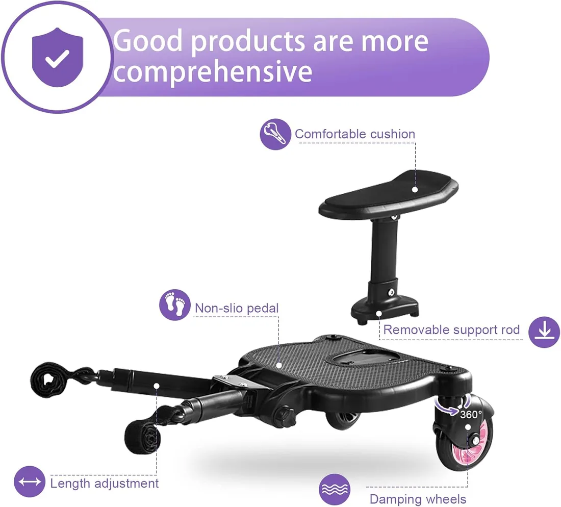 Tabla de cochecito con Asiento, Vihir Patin Carro Bebe Universal | Buggy Board Para el Segundo Niño, Accesorio Para Niños de 2 a 6 Nños (25 kg), Viene con 2 Ganchos para Cochecito foto 3