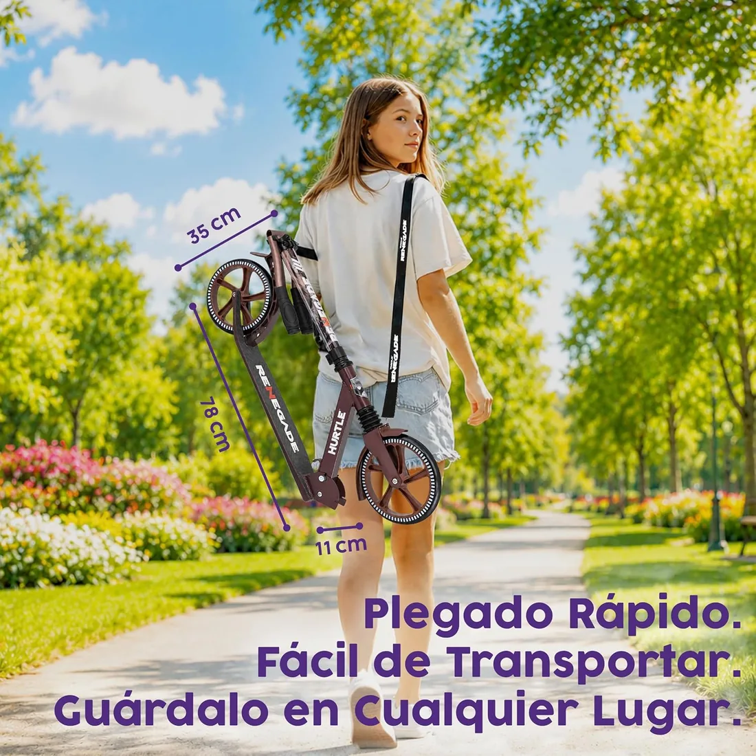 Hurtle Patinete de Ciudad con Ruedas XXL, Plegable hasta 100 kg, Altura Ajustable con Correa, Freno de Pedal y Soporte para Viajes Escolares, Ocio y Transporte Urbano, para niños, Adolescentes y foto 3
