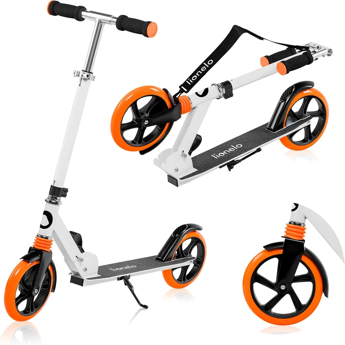 lionelo Luca Patinete Urbano XXL hasta 100 kg, Scooter para niños, Grandes Ruedas 200 mm ShockResist Amortiguador, Volante Ajustable Altura, Freno Plegable (Blanco)