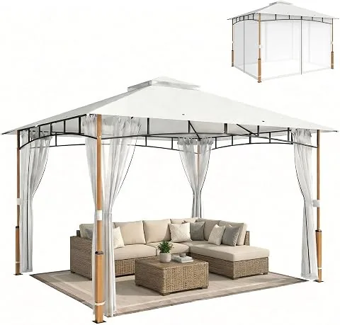 Outsunny Cenador para Jardín 3x3,6 m Gazebo Doble Techo UPF50+ Crema y Teca