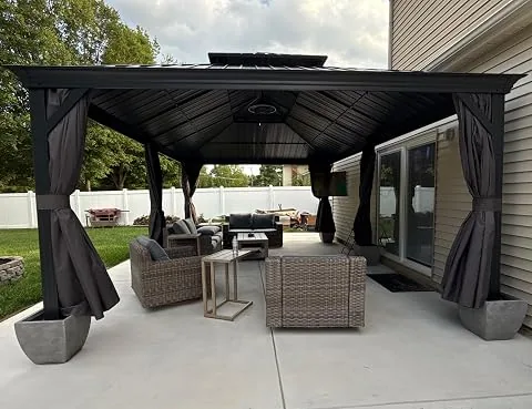 PURPLE LEAF Cenador de Jardín 6 x 4,25 m con Iluminación Exterior Integrada, Pérgola de Aluminio Techo Rígido de Acero, Gazebo con Mosquitera y Cortinas, Sistema de Desagüe, Estructura de Metal, Gris