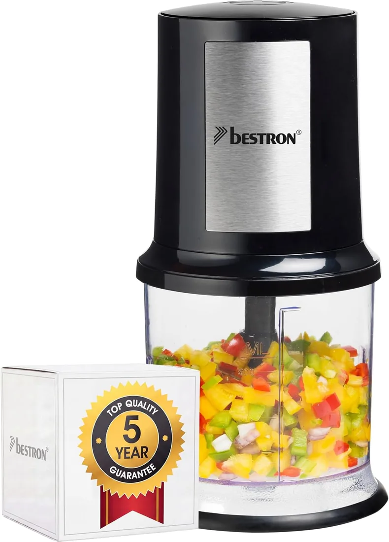 Bestron picadora electrica, Máquina picadora eléctrica con dos cuchillas de corte y capacidad de 500 ml, botón de pulso grande, 400 vatios, AKC200, Color: Negro/Plata