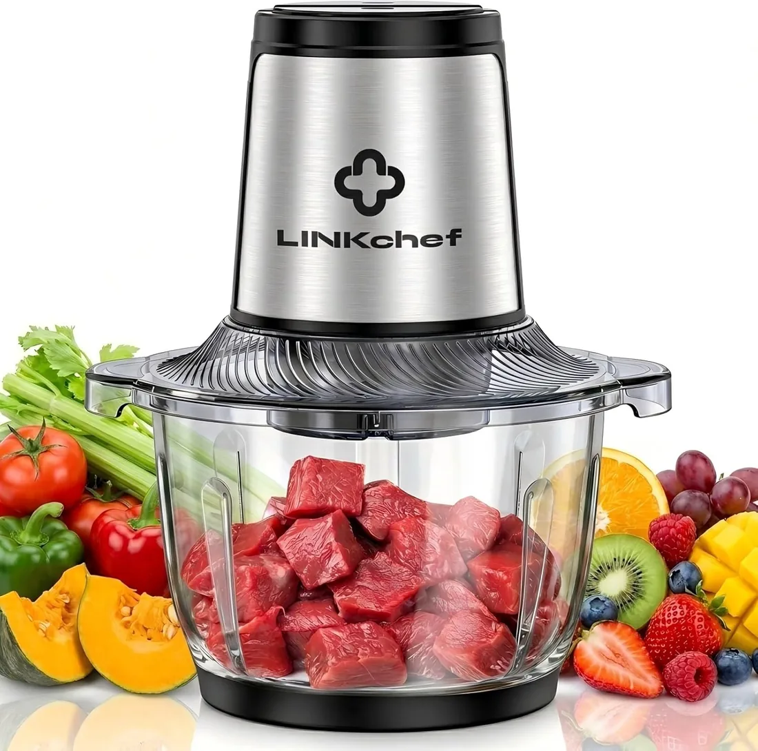 LINKChef Picadora Eléctrica 1,5L Vaso de Vidrio, 2 Velocidades, Cuchillas de Acero Inoxidable de 3 Niveles – Mini Procesador de Alimentos para Carne, Verduras, Frutas, Frutos Secos y Comida para Bebé