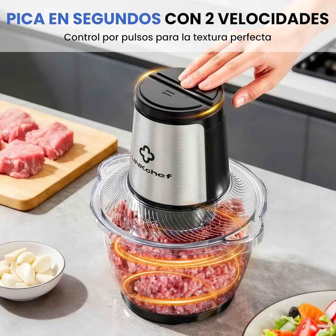 LINKChef Picadora Eléctrica 1,5L Vaso de Vidrio, 2 Velocidades, Cuchillas de Acero Inoxidable de 3 Niveles – Mini Procesador de Alimentos para Carne, Verduras, Frutas, Frutos Secos y Comida para Bebé foto 2