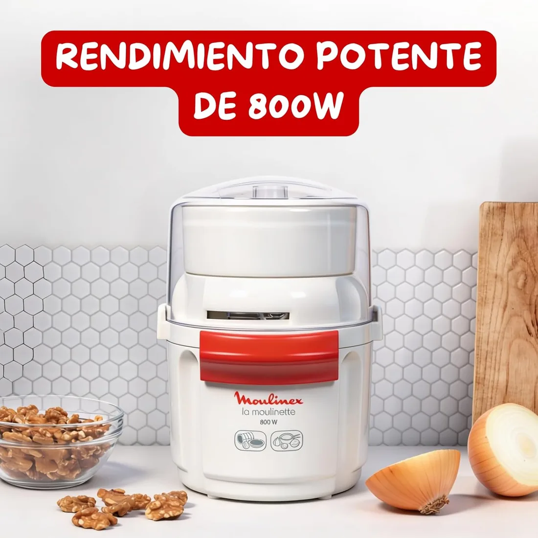 Moulinex la Moulinette, Picadora de 800 W, Capacidad de 200 gr | Pica carne, verduras, frutos secos, queso, Corta o mezcla, Sistema 1-2-3, Cuchilla doble acero inoxidable, Blanco, AD5601 foto 2